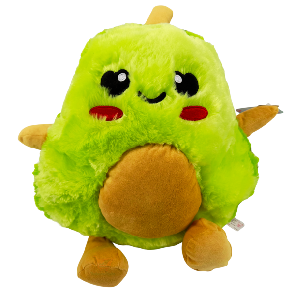 Knallgrüne Plüsch-Avocado mit braunem Kern-Bauch, roten Wangen und gestickten Augen, ca. 38 cm